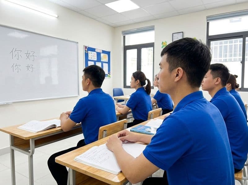 Học viên được đào tạo tiếng Trung giao tiếp cơ bản và định hướng kỹ năng làm việc bài bản trước khi xuất cảnh sang Đài Loan.