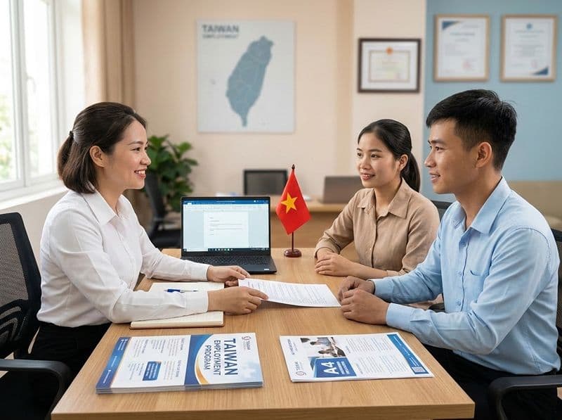 Người lao động được cán bộ hướng dẫn và tư vấn chi tiết các đơn hàng đi Đài Loan chính thống ngay tại văn phòng tiếp nhận tại thành phố Vinh.