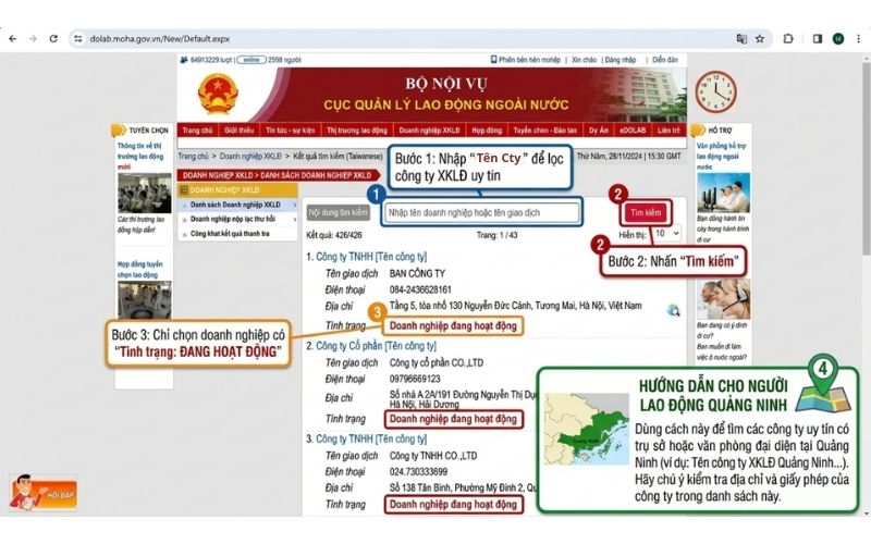 Tra cứu công ty XKLĐ Đài Loan uy tín trên website Cục Quản lý lao động ngoài nước (DOLAB).