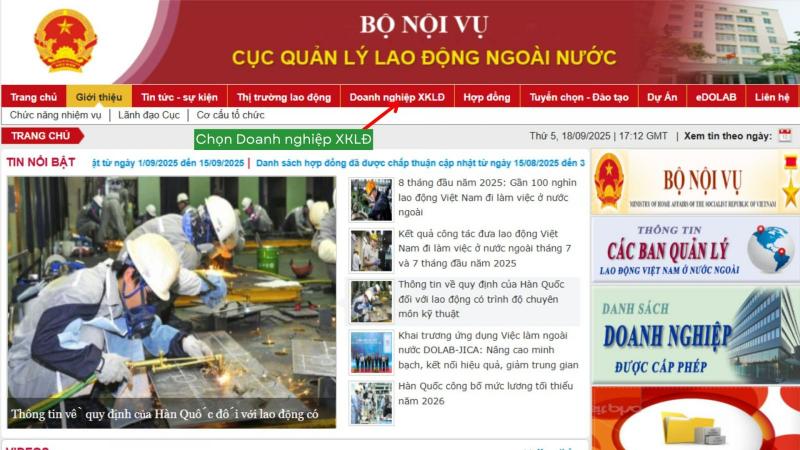 Chọn mục “Doanh nghiệp XKLĐ”