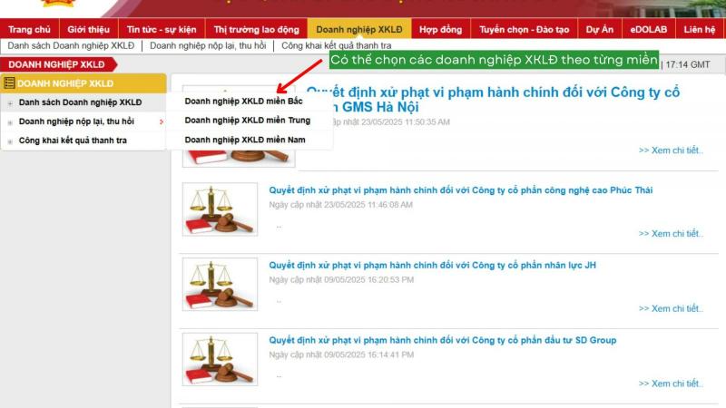 Chọn “Danh sách doanh nghiệp XKLĐ”