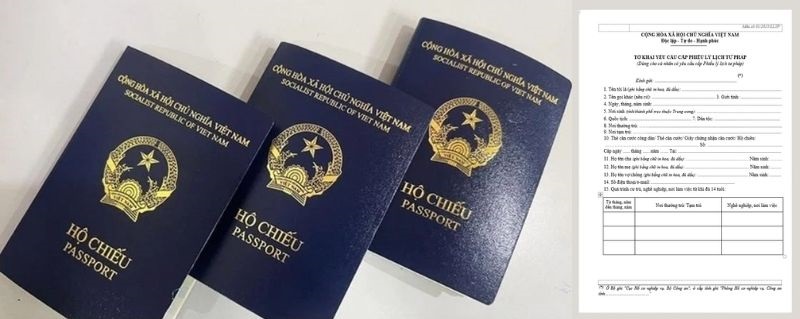 Hộ chiếu phổ thông Việt Nam bìa xanh tím than và tờ Phiếu Lý lịch tư pháp Mẫu số 2