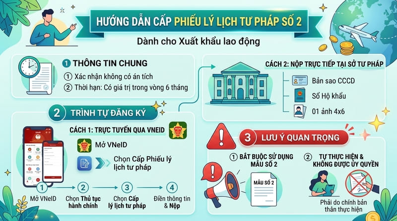 Hướng dẫn làm Phiếu Lý lịch tư pháp số 2 đi XKLĐ Đài Loan trực tiếp hoặc qua VNeID.