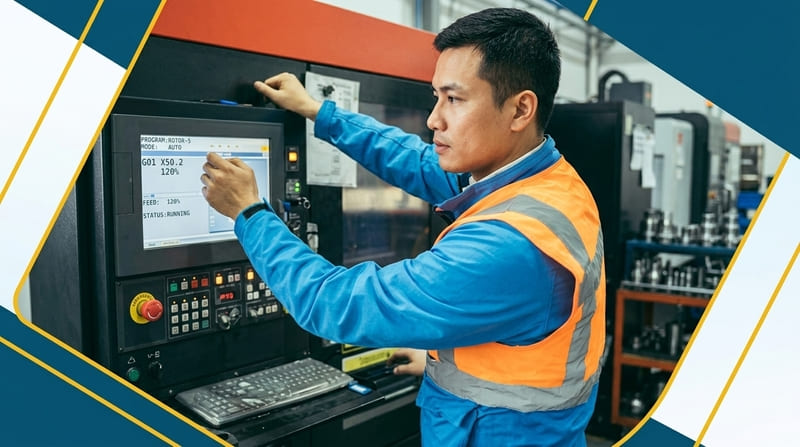 Lao động nam của Công ty đang trực tiếp thao tác bảng điều khiển máy tiện CNC.
