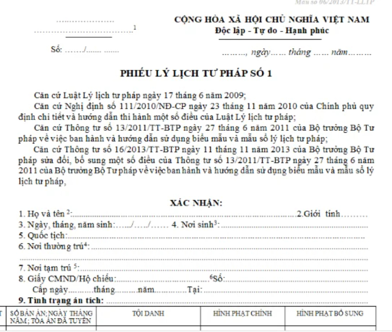 Phiếu lý lịch tư pháp số 1