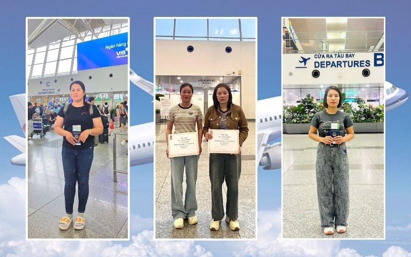 Nữ lao động cầm visa và hộ chiếu check in tại sân bay ngày xuất cảnh.