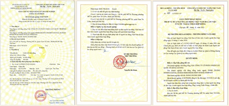Nhân Lực Quốc Tế Đông Dương - Công ty tư vấn XKLĐ Đài Loan tại Thái Bình được BLĐTBXH cấp phép